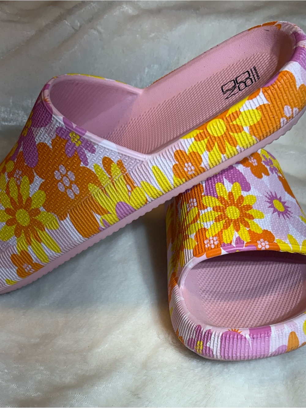 No Boundaries Pink Floral Slide Clogs with Yellow & Orange Accents